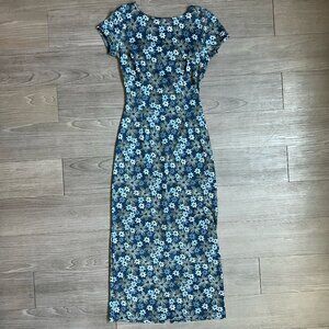 Vintage 90s Y2K Blue Floral On The Run Bodycon Maxi Dress Size XS